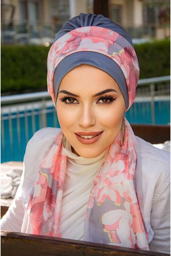 Gri Pudra Desenli Fularlı Bone