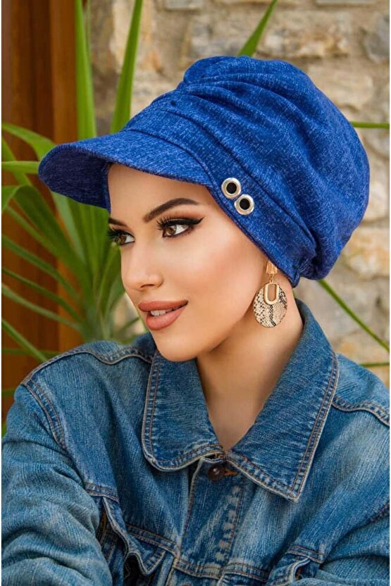 Kot Mavi Desen Metal Detaylı Tesettür Şapka Bone