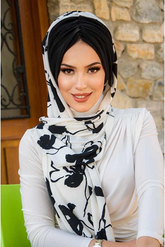 Beyaz Siyah Yaprak Desen Kelebek Model Büzgülü Bone Şal