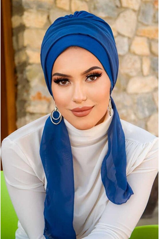 Koyu Saks Mavi Fularlı Bone