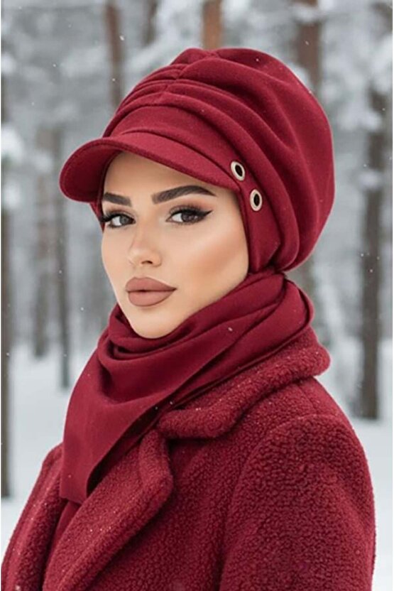 Bordo Metal Detaylı Büzgülü Tesettür Şapka Ve Etol Takım