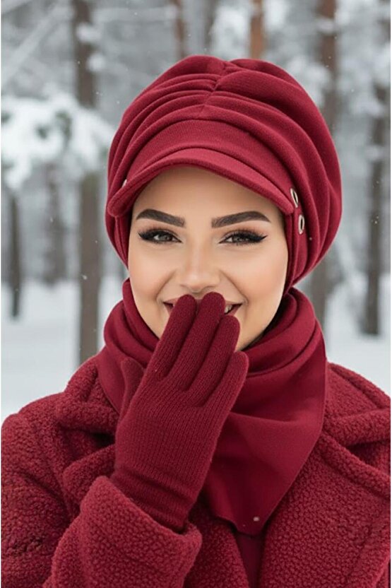 Bordo Metal Detaylı Büzgülü Tesettür Şapka Ve Etol Takım
