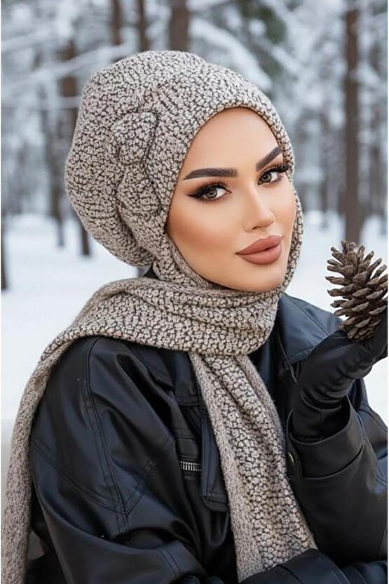 Gri Ekru Fiyonklu Tesettür Bere