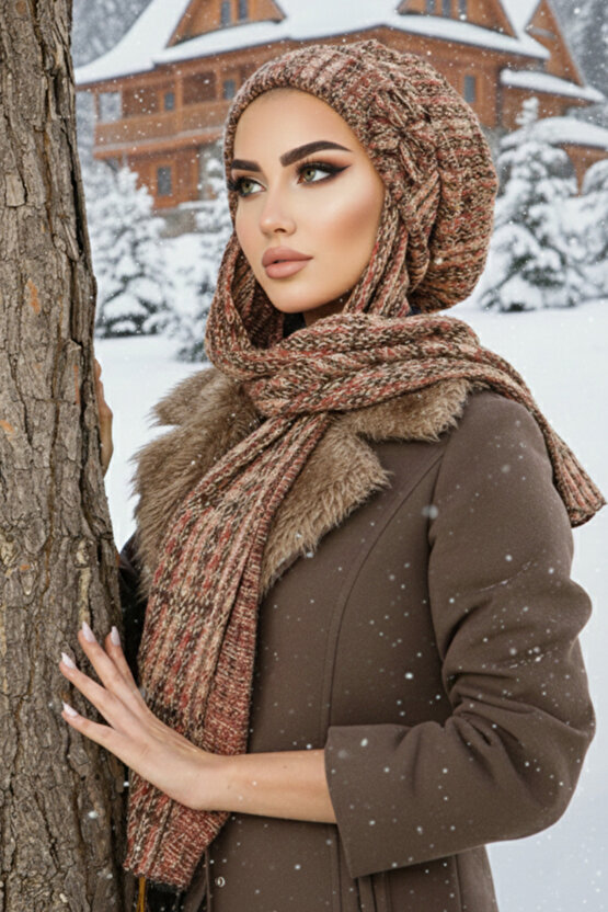 Kahve Desen Fiyonklu Tesettür Bere