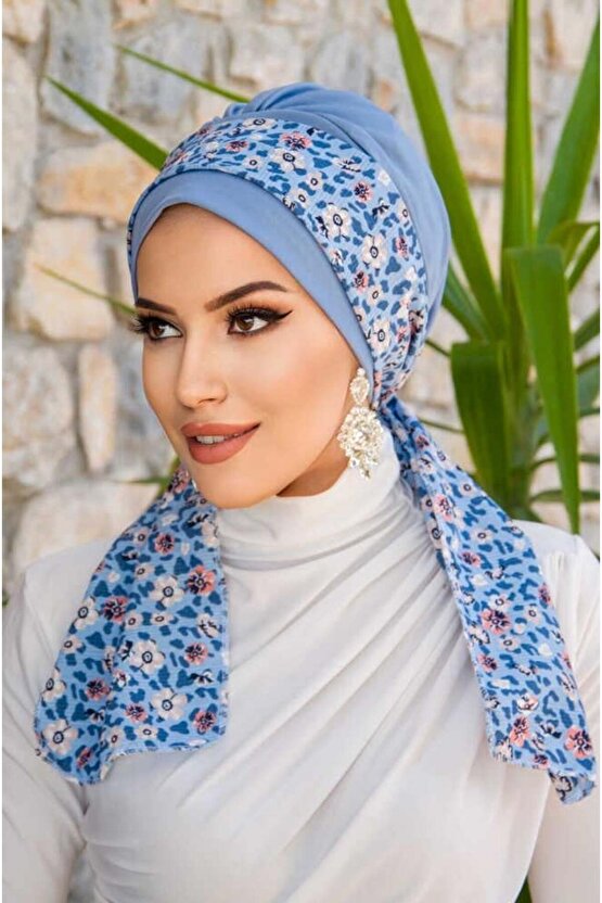 Mavi Çiçek Desenli Fularlı Bone