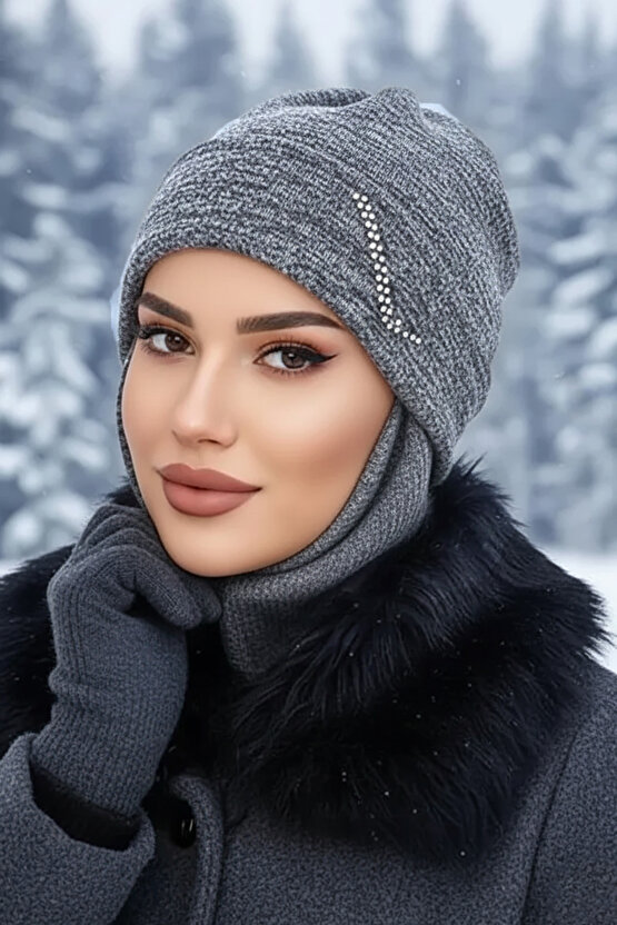 Antrasit Taşlı Maskeli Bere