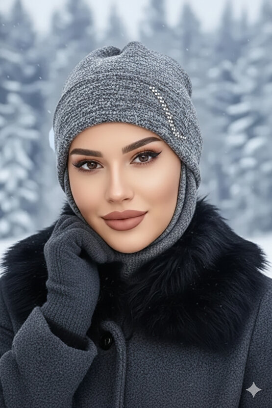 Antrasit Taşlı Maskeli Bere