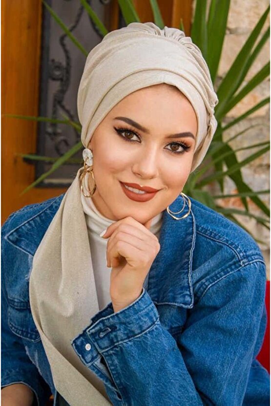 Ekru Tokalı Tesettür Bone