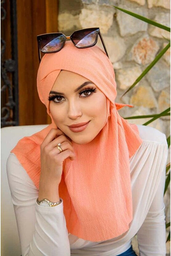 Somon Bürümcük Çapraz Bantlı Medium Size Hijab - Hazır Şal
