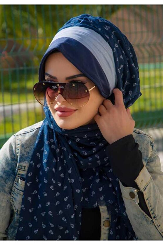 Lacivert Bantlı Dantelli Şapka Şal