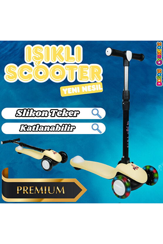 Lupa Katlanabilir Işıklı 3 Tekerlekli Sarı Scooter - Işıklı Scooter - Slikon Teker Scooter - Çocuk S