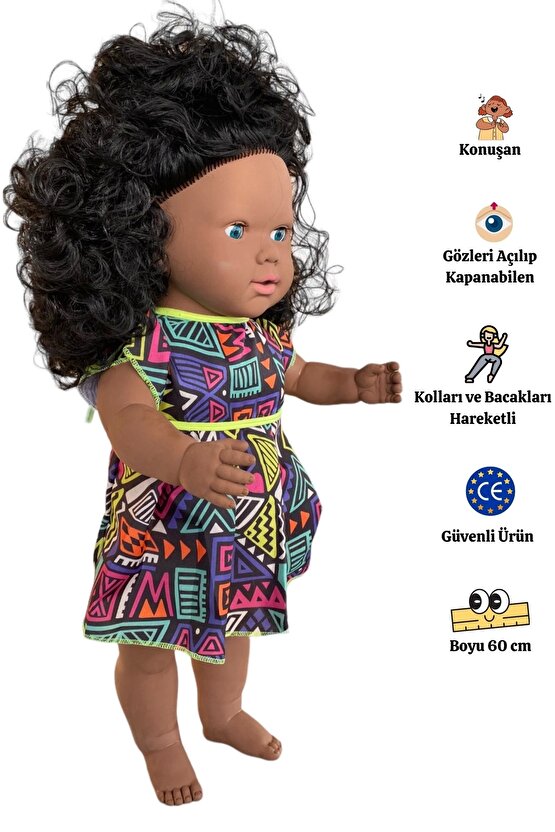 Oynar Gözlü Türkçe Konuşan Siyahi Nazlı Saçlı Et Bebek 60 Cm. - Konuşabilen Bebek - Saçlı Büyük Bebe