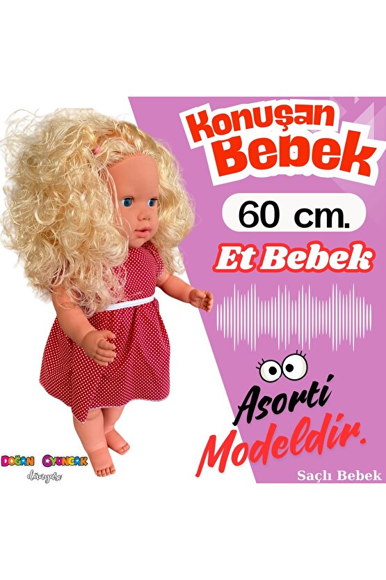Oynar Gözlü Türkçe Konuşan Nazlı Saçlı Et Bebek 60 Cm. - Konuşabilen Bebek - Saçlı Büyük Bebek