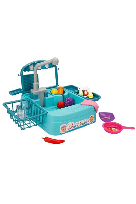 Mavi Su Akıtan Mutfak Lavabosu Seti - Çeşmeli Sesli Lavabo - Mutfak Seti - Su Akan Musluk - Akan Mus