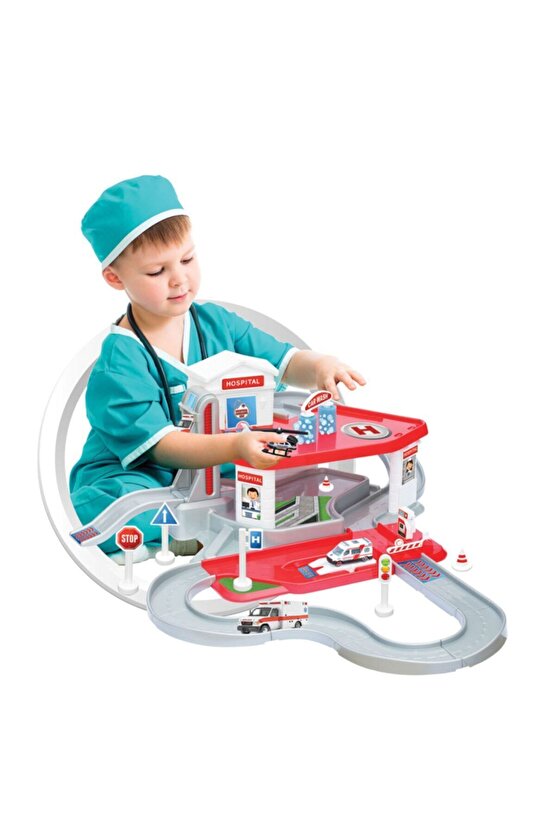 İki Katlı Hastane Garaj Seti - Otopark Seti - Araba Seti - Hotwheels Seti - Istasyon