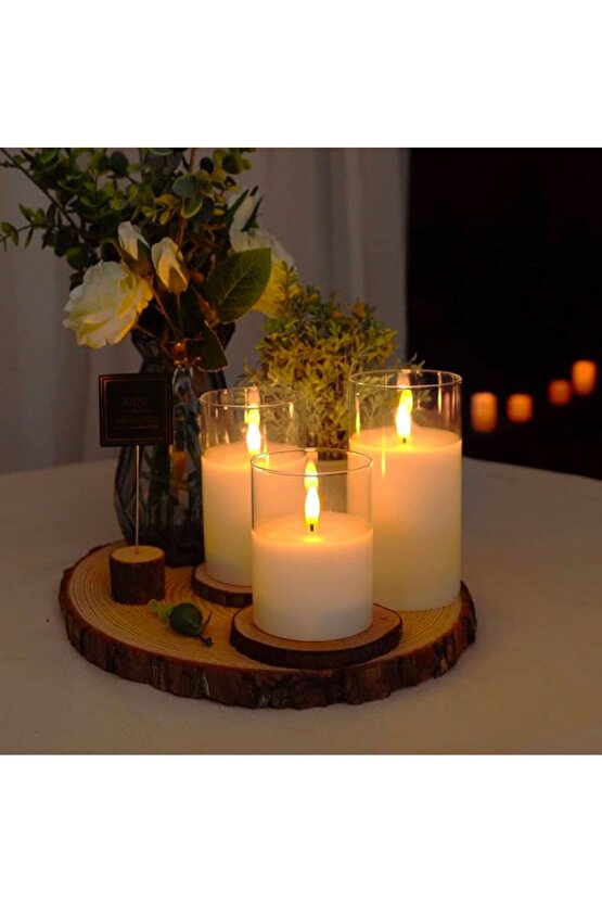3D Mum Efektli 3lü Mum Set, Pilli Dekoratif Mum Efektli Şamdan, Masa, Gece Lambası 3lü Mum Set