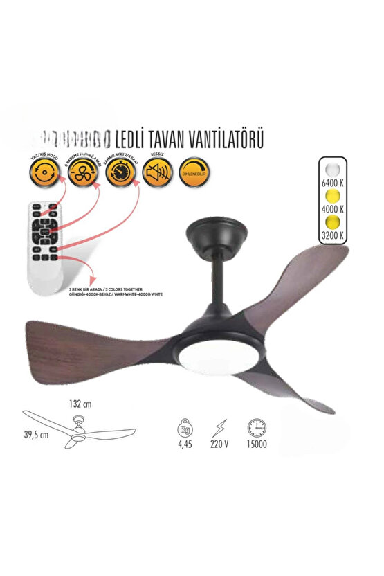 40 Watt, 3 Işık Modlu, 6 Kademeli, Kumandalı, Çok Şık ve Kaliteli Tavan Vantilatörü Ledli Vantilatör