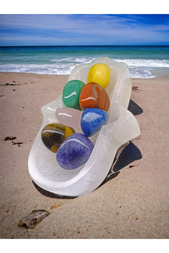 Selenit Fatma Ana Eli Kase Arındırma Taşı VE ÇAKRA SET TIMBIL(SERTİFİKALI)