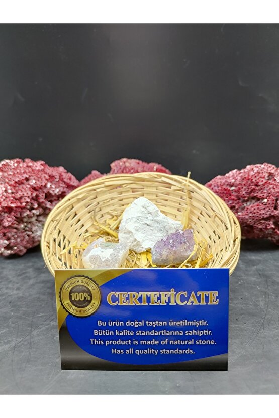 Sakinlik, Pozitif Enerji Ve Iç Huzur Için Ham Doğal Taş Seti (hasır Sepet Dahil) (sertifikalı)