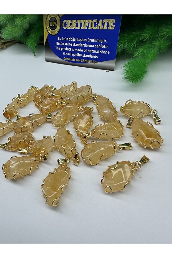 Sitrin Doğal Taş Kolye Ucu Altın Kaplama (sertifikalı)