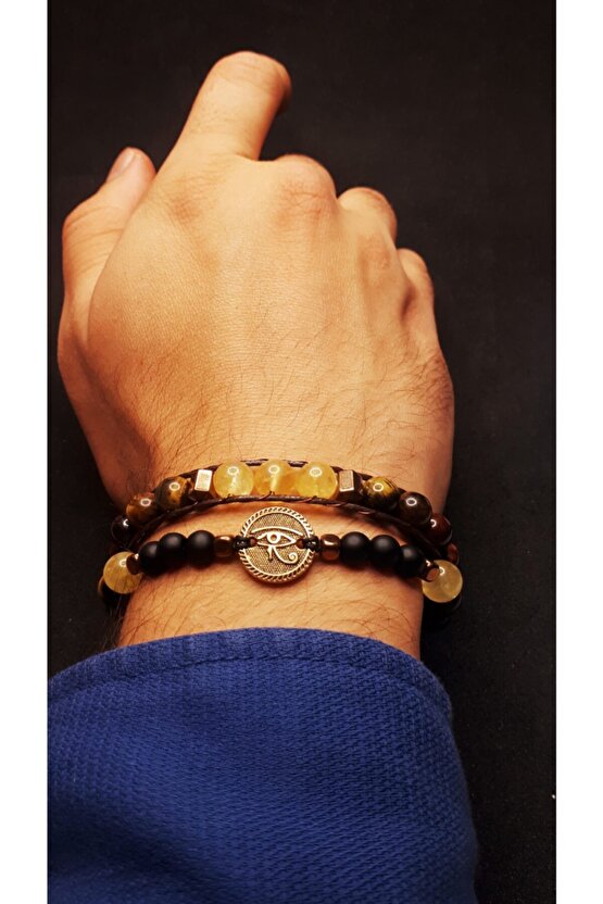 Redokstek Amun Doğal Taş Tılsım Bilekliği Oniks Kaplan Gözü Sitrin Hematit Doğal Taş Bileklik