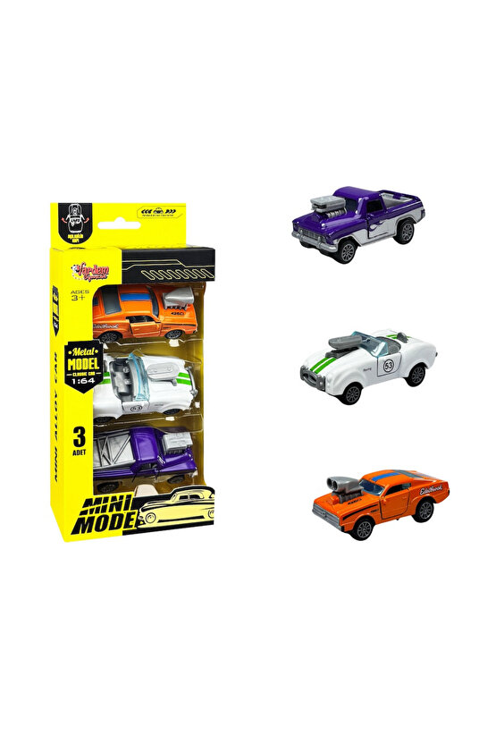 Oyuncak 3 Parça Çek Bırak Mini Model Metal Clasic Araba 1:64 Ölçek Kutulu