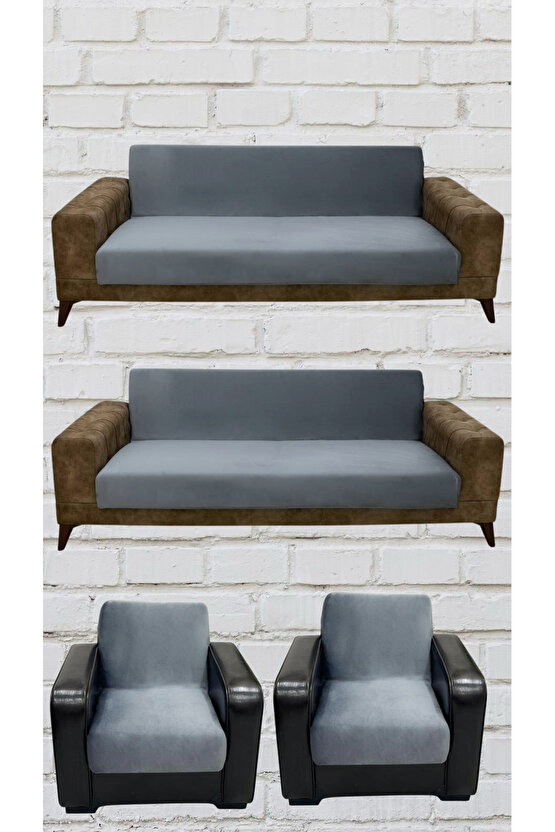 3+3+1+1 İtalyan Süet Kolsuz Koltuk Örtüsü (KOYU GRİ RENK)