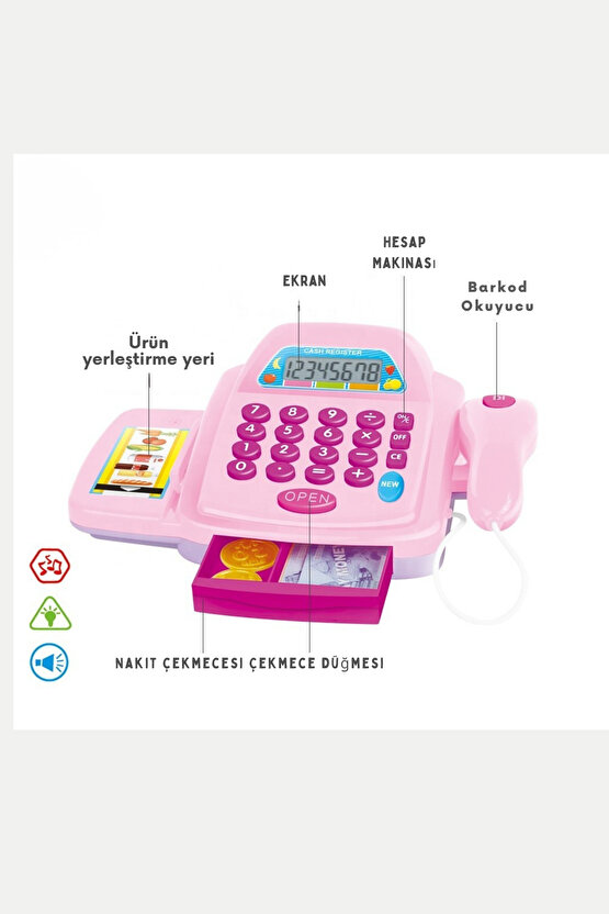Oyuncak Işıklı Ve Sesli YazarKasa (Aksesuarlı) Hesap Makinası Barkod Okuyucu Alışveriş Set pilhediye