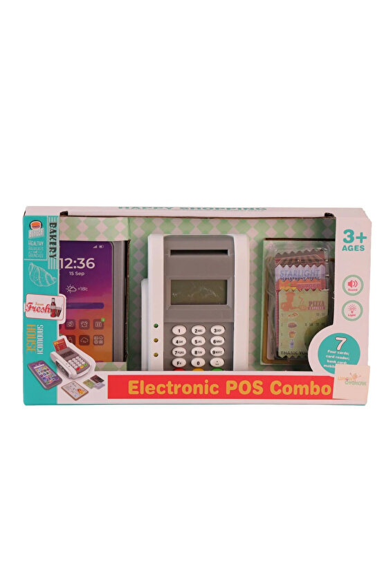 Oyuncak Sesli Işıklı Pos Makinesi Alışveriş Seti Kredi Kartı, Mobil Telefon ve Sipariş Fişleri Dahil
