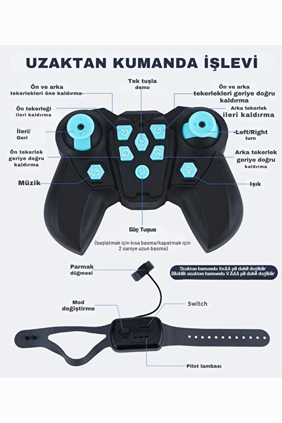 Oyuncak Şarjlı 2.4 Ghz Bilekten Kontrol Uzaktan Kumandalı Buharlı 8 Teker Çılgın Akrobat Köpek Araba