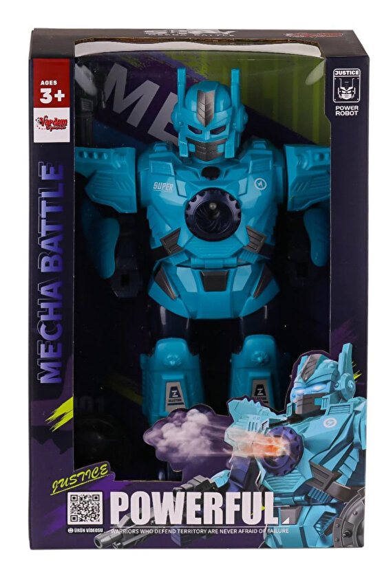 Oyuncak Işıklı ve Müzikli Buhar Çıkartan Hareketli Pilli Savaşçı Robot Ekipmanlı Buharlı Robot