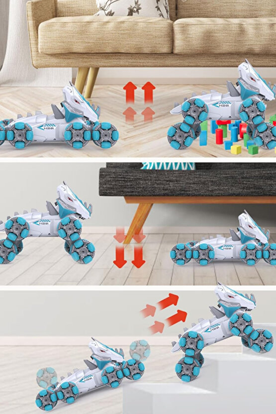 Uzaktan Kumandalı Full Fonksiyon Şarjlı 2,4G 8 Teker Buhar Atan Dinozor Kamyonet Stunt Araba +3