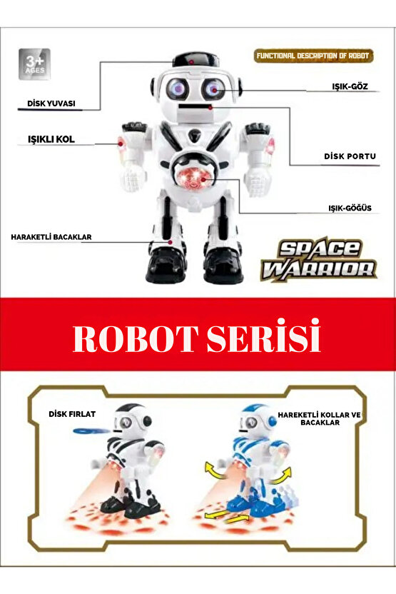 Siyah Büyük Boy Disk Atan Yürüyen Oyuncak Uzay Savaşçısı Robot Sesli Işıklı ve Pilli Robot +3 Yaş