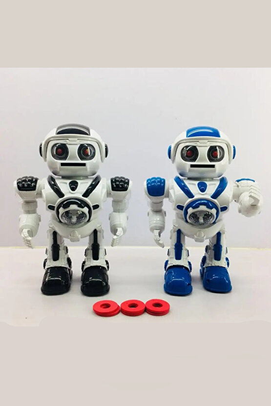 Mavi Büyük Boy Disk Atan Yürüyen Oyuncak Uzay Savaşçısı Robot Sesli Işıklı ve Pilli Robot +3 Yaş