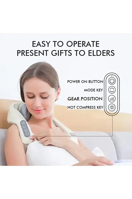 Elektrikli ısıtmalı ovmalı boyun ve sırt masaj cihazı kablosuz bej rengi