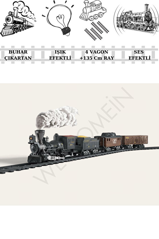 Oyuncak Buhar Çıkartan Pilli Ses ve Işık Efektli 4 Vagon Tren