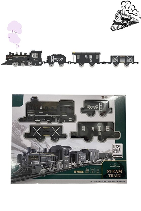 Oyuncak Işıklı ve Sesli Buhar Çıkartan 15 Parça Tren Set Buharlı Tren
