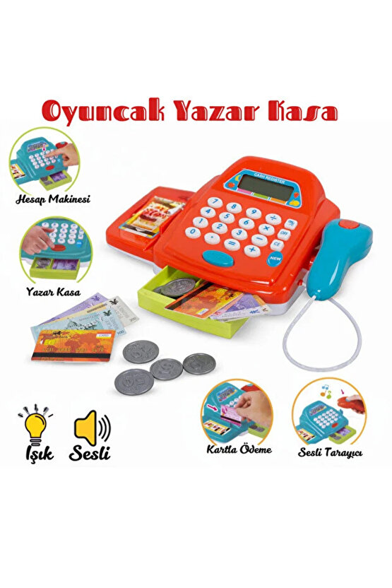 Oyuncak Yazar Kasa Hesap Makinesi Fonksiyonlu ve Borkod Okutmalı Eğitici Oyuncak Seti 3 Renk