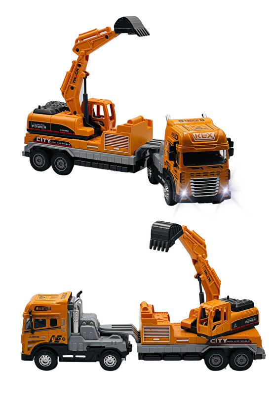 Oyuncak Kutulu İş Makinesi Sesli Işıklı Çek Bırak Metal Vinç, Beton Mikseri, Kamyon, Kepçe 30 Cm