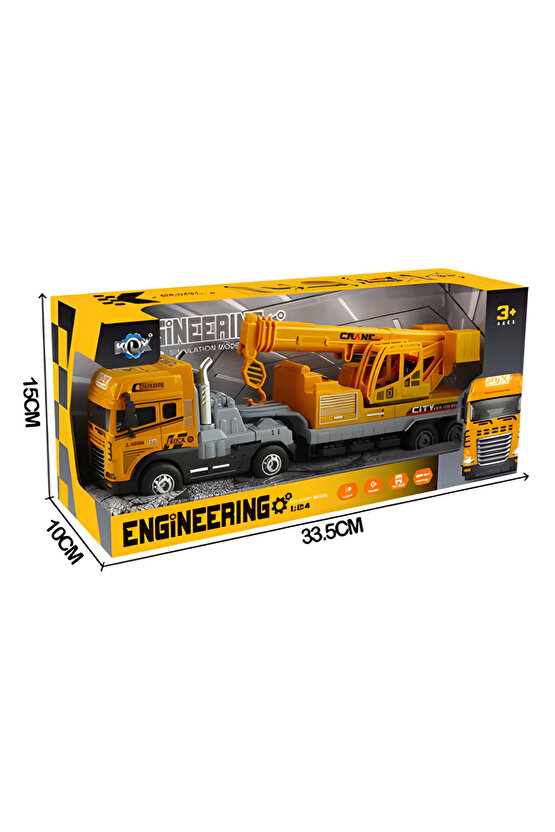 Oyuncak Kutulu İş Makinesi Sesli Işıklı Çek Bırak Metal Vinç, Beton Mikseri, Kamyon, Kepçe 30 Cm