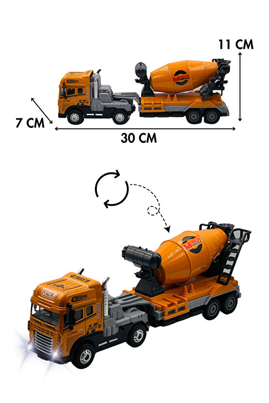 Oyuncak Kutulu İş Makinesi Sesli Işıklı Çek Bırak Metal Vinç, Beton Mikseri, Kamyon, Kepçe 30 Cm
