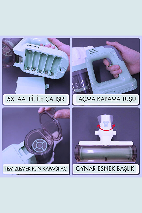 Mavi Kablosuz Model Oyuncak Süpürge Dikey Süpürge Seti 3 Başlıklı Pilli Temizlik Aktivite