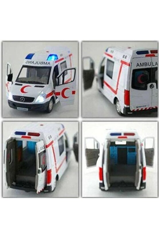 Lisanslı Metal Model Oyuncak Ambulans Sesli ve Işıklı Kapıları Açılır Diecast Çek Bırak Özellikli