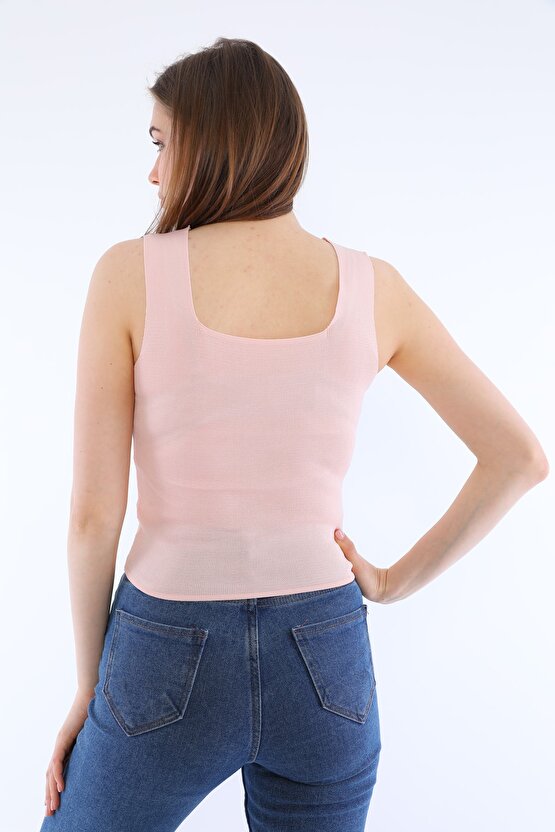 Kadın Pembe Kolsuz Bluz Kalın Askılı Atlet Ince Yazlık Kare Yaka Triko