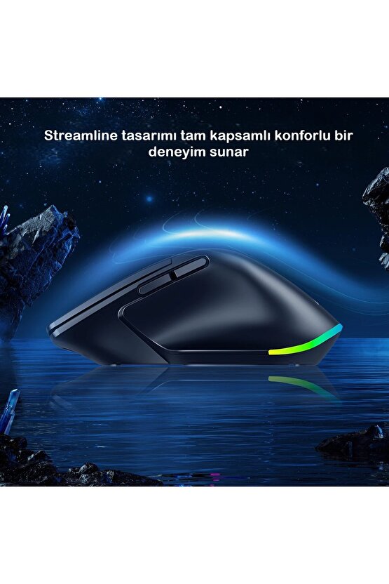 Kablosuz Mouse Bluetooth 5.04.0 + 2.4g Ergonomik Şarjlı Sessiz RGB Mouse Modern Tasarım Işıklı