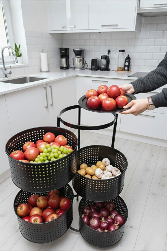 4 Katlı Tepsili Metal Sebzelik Açılır Metal Patates Soğan Meyvelik Sepeti Rafı Siyah