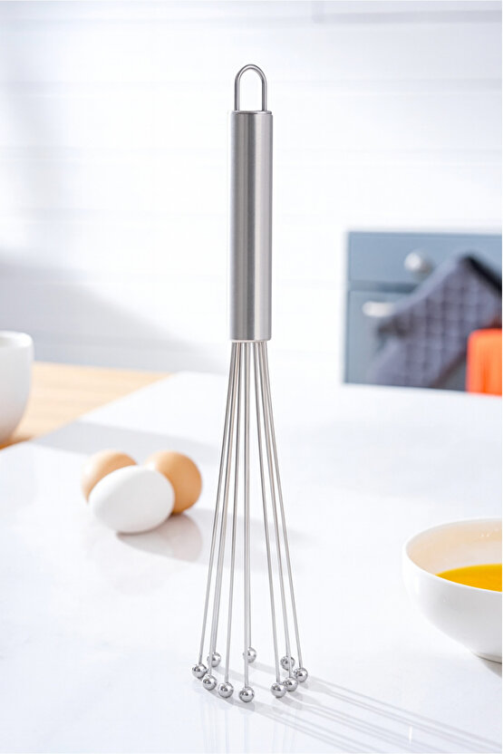 Paslanmaz Çelik Top Uçlu Çırpıcı - Sos Karıştırıcı - Kek Yumurta Çırpıcı - Krom Saplı