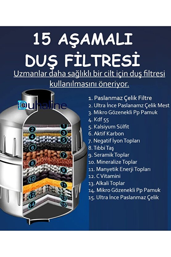 15 Aşamalı Duş Banyo Mutfak Filtresi Klor Kireç Kötü Koku Toksinlere Karşı Etkili Su Arıtma Sistemi