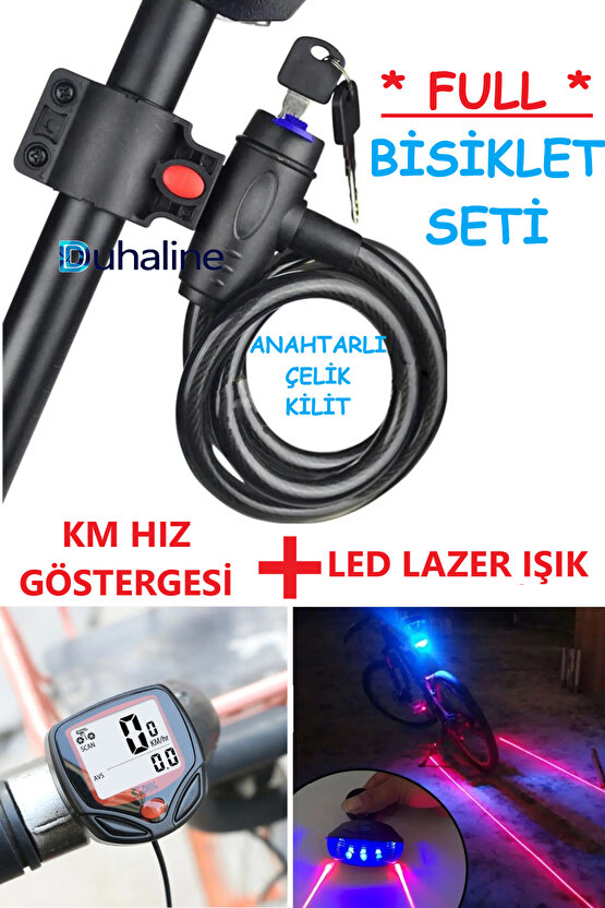 Bisiklet Motosiklet Kilidi Anahtarlı Çelik Kilit+KM Hız Göstergesi + LED Lazer Işık Hediye FULL SET