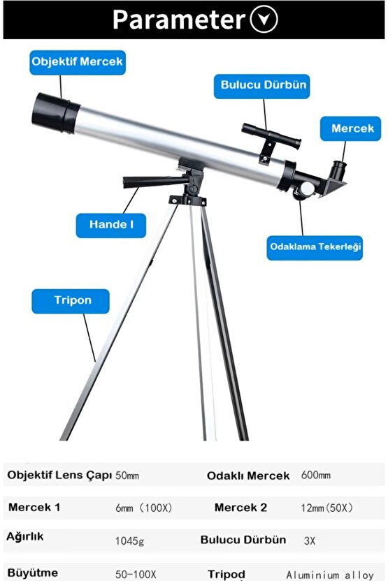 Teleskop 100 Kat Yakınlaştırma 50mm Eğitici Astronomik Uzay Doğa Ay Gözlem Teleskobu + Tripod